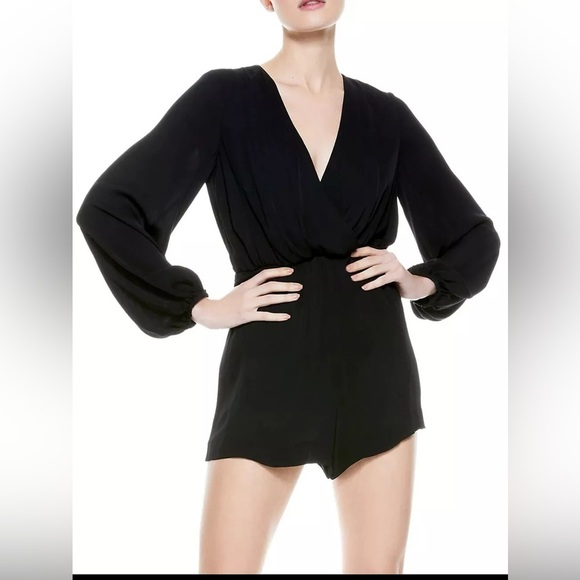 Alice + Olivia Womens Black Sinclair Romper Surplice Viscose Long Sleeve Zip - Picture 1 of 16